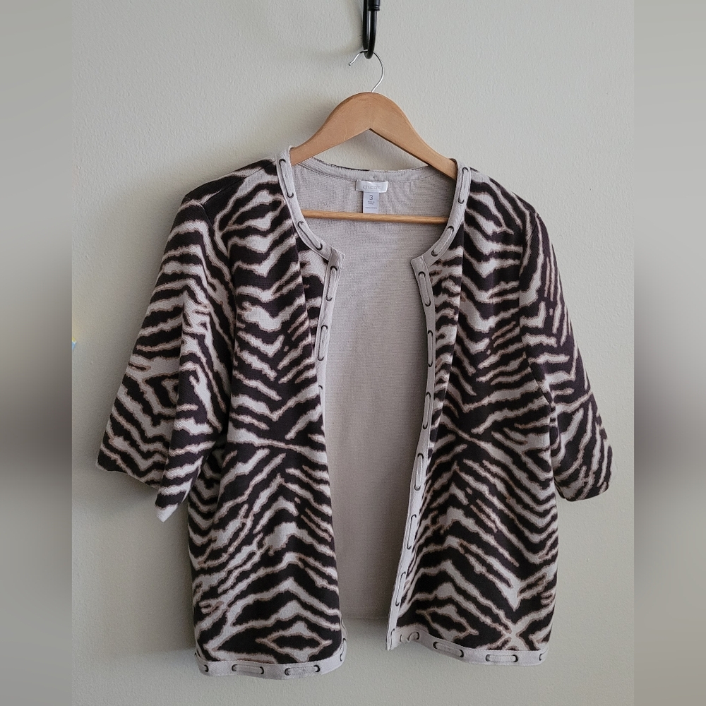 Chico's Cotton Knit Open Cropped Cardigan, Women's XL, Brown Zebra Print